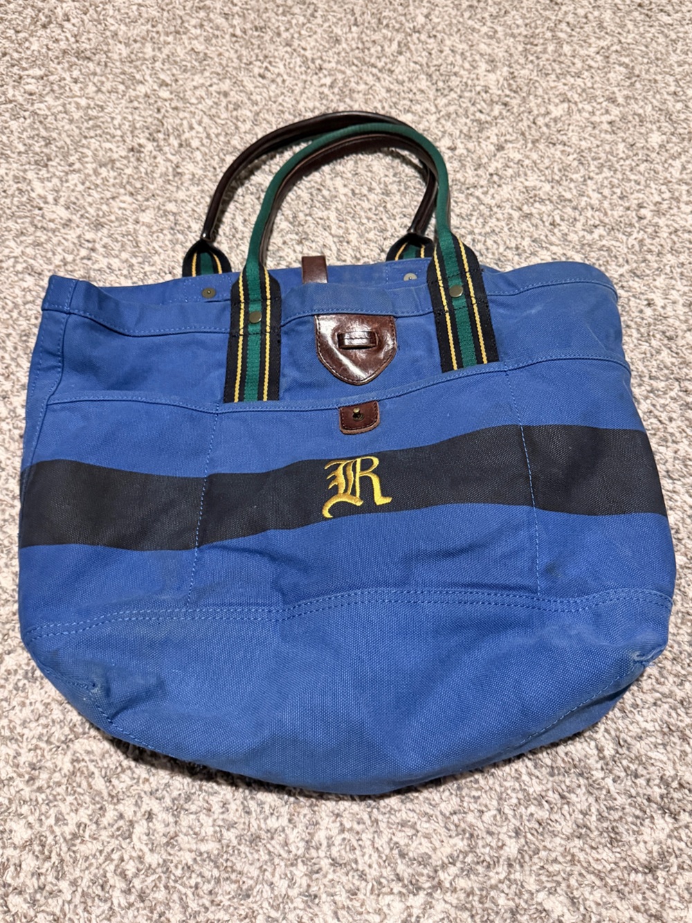 Rugby Ralph Lauren Blue Canvas Tote Bag with Striped Handles